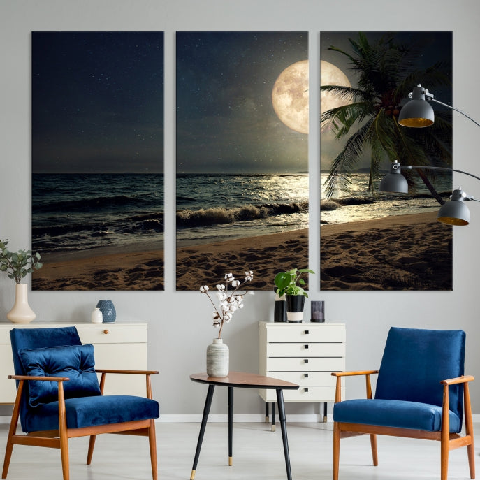 Large Full Moon Night Beach Wall Art Canvas Print