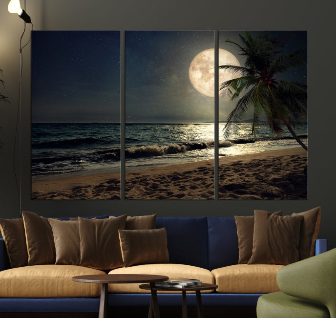 Large Full Moon Night Beach Wall Art Canvas Print