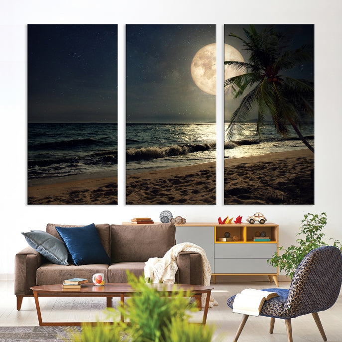 Large Full Moon Night Beach Wall Art Canvas Print