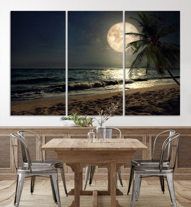 Large Full Moon Night Beach Wall Art Canvas Print