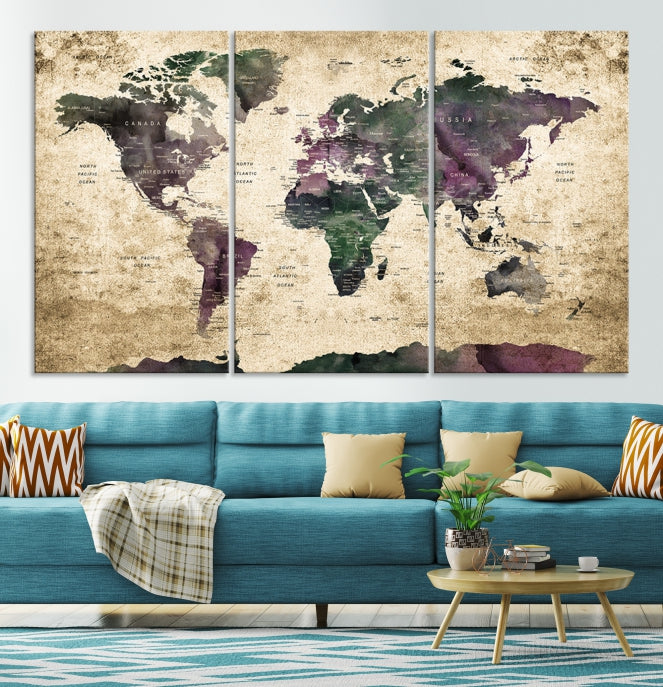 Large Grunge Map of the World Travel Map Wall Art Canvas Print