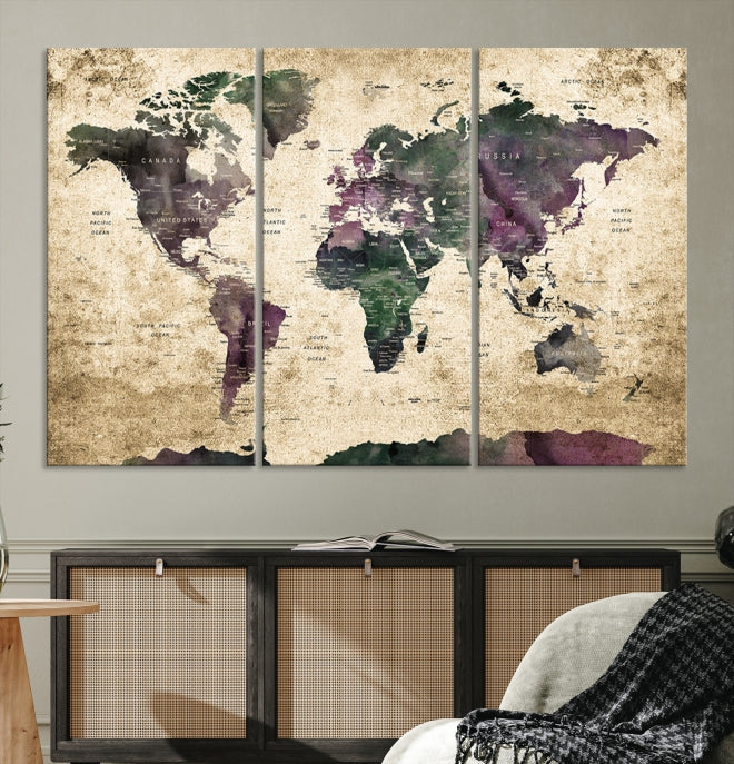 Large Grunge Map of the World Travel Map Wall Art Canvas Print