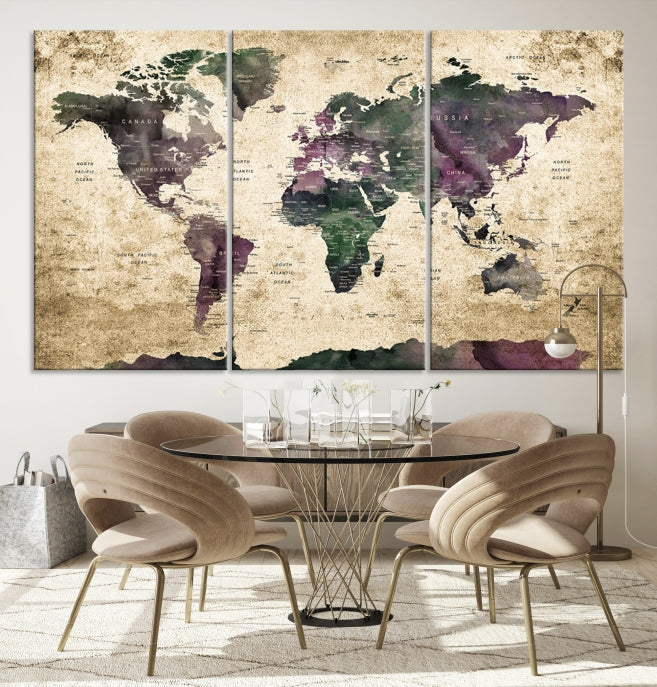 Large Grunge Map of the World Travel Map Wall Art Canvas Print