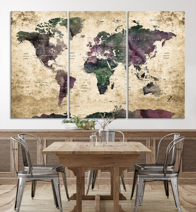 Large Grunge Map of the World Travel Map Wall Art Canvas Print