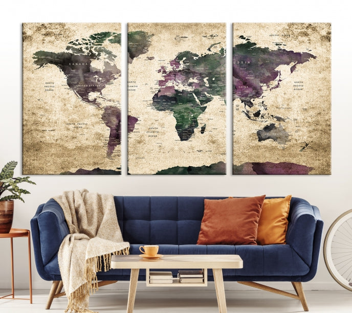 Large Grunge Map of the World Travel Map Wall Art Canvas Print