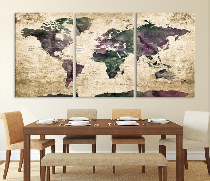 Large Grunge Map of the World Travel Map Wall Art Canvas Print