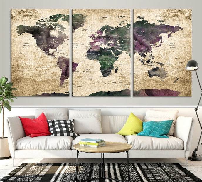 Large Grunge Map of the World Travel Map Wall Art Canvas Print