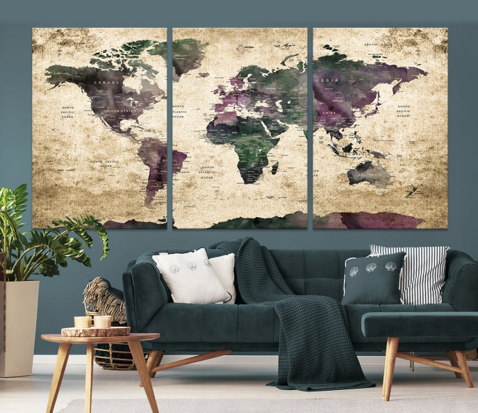 Large Grunge Map of the World Travel Map Wall Art Canvas Print