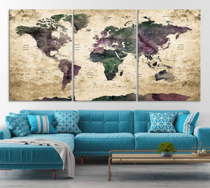 Large Grunge Map of the World Travel Map Wall Art Canvas Print