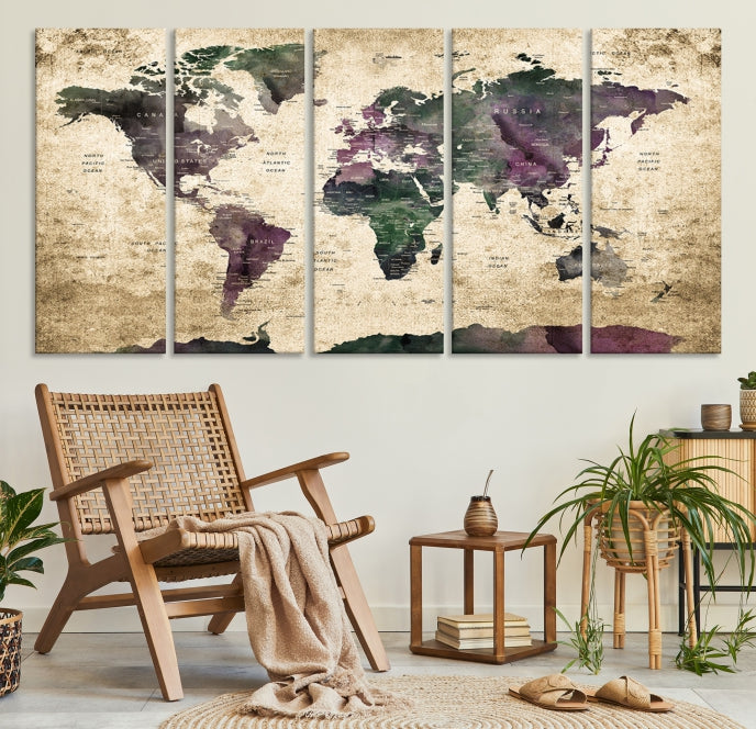 Large Grunge Map of the World Travel Map Wall Art Canvas Print