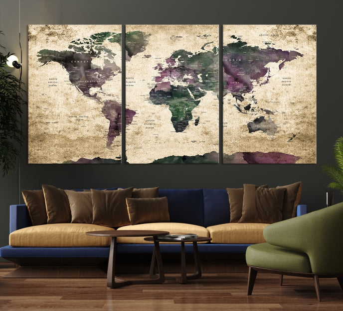 Large Grunge Map of the World Travel Map Wall Art Canvas Print