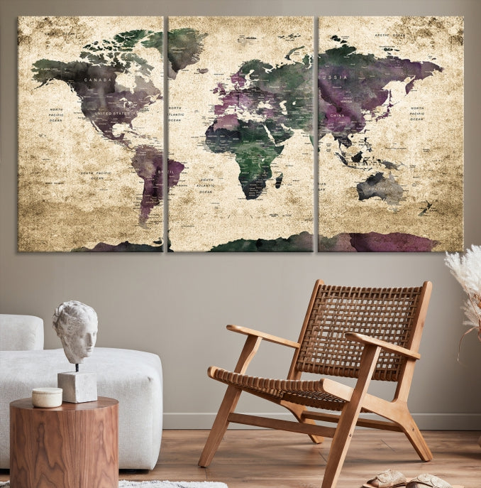 Large Grunge Map of the World Travel Map Wall Art Canvas Print