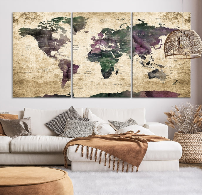 Large Grunge Map of the World Travel Map Wall Art Canvas Print