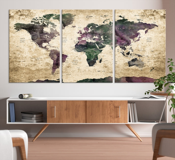 Large Grunge Map of the World Travel Map Wall Art Canvas Print