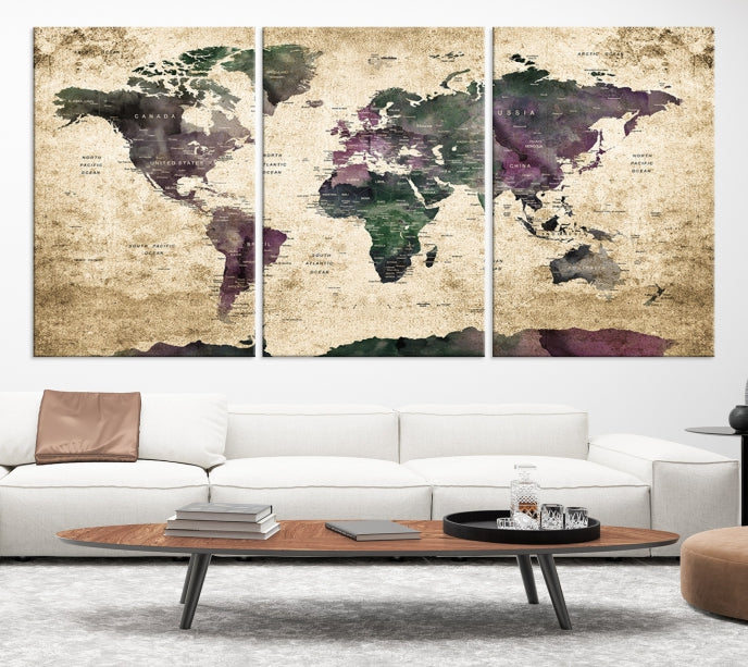 Large Grunge Map of the World Travel Map Wall Art Canvas Print