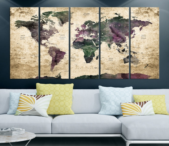 Large Grunge Map of the World Travel Map Wall Art Canvas Print