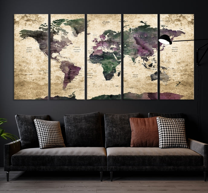 Large Grunge Map of the World Travel Map Wall Art Canvas Print