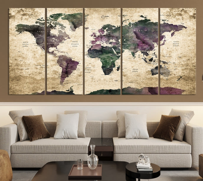 Large Grunge Map of the World Travel Map Wall Art Canvas Print