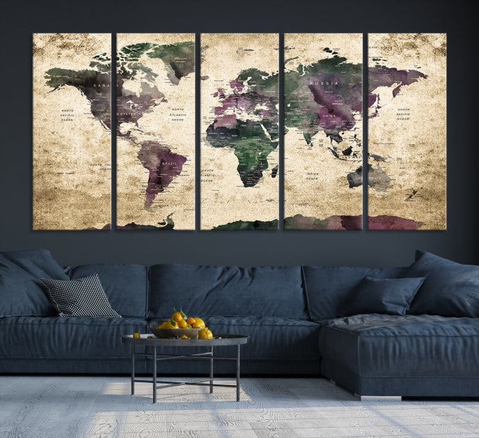 Large Grunge Map of the World Travel Map Wall Art Canvas Print