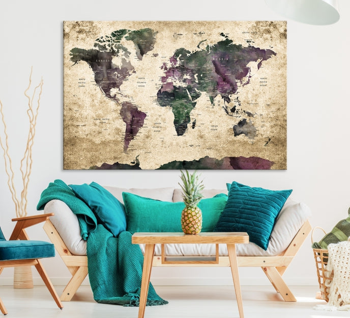 Large Grunge Map of the World Travel Map Wall Art Canvas Print