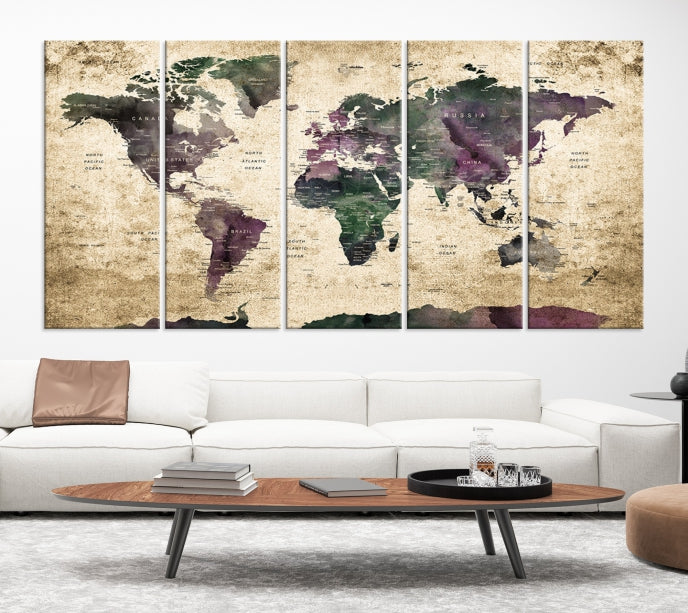 Large Grunge Map of the World Travel Map Wall Art Canvas Print