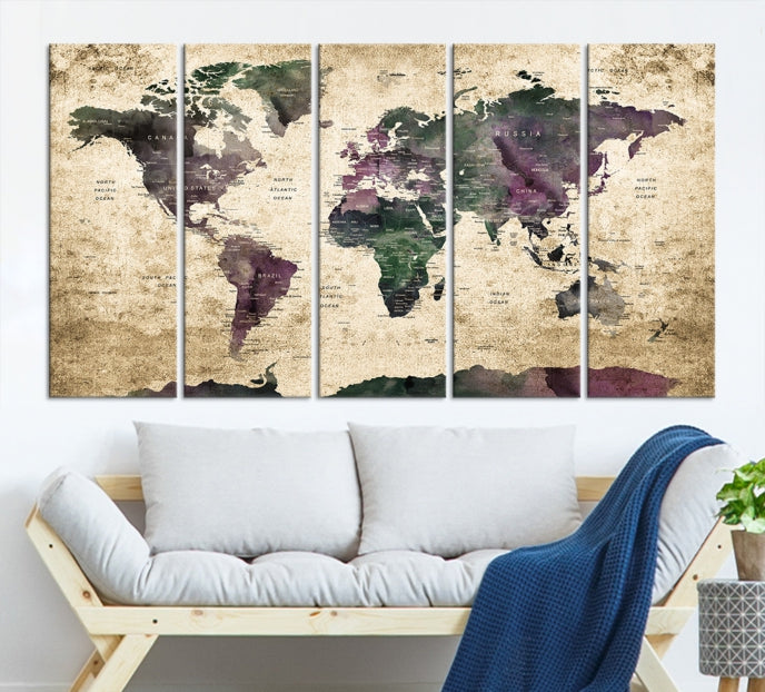 Large Grunge Map of the World Travel Map Wall Art Canvas Print