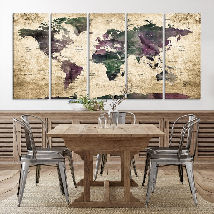 Large Grunge Map of the World Travel Map Wall Art Canvas Print