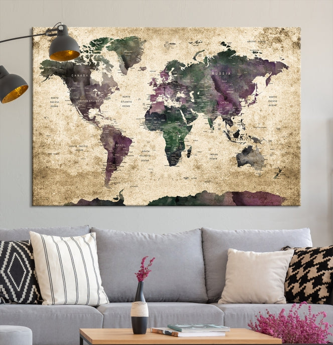 Large Grunge Map of the World Travel Map Wall Art Canvas Print