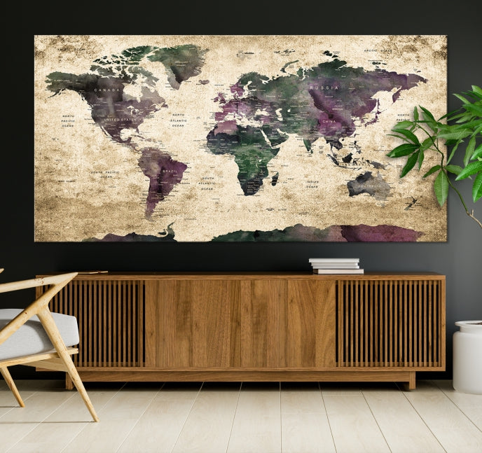 Large Grunge Map of the World Travel Map Wall Art Canvas Print