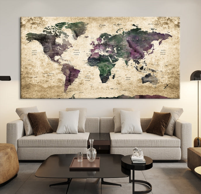 Large Grunge Map of the World Travel Map Wall Art Canvas Print