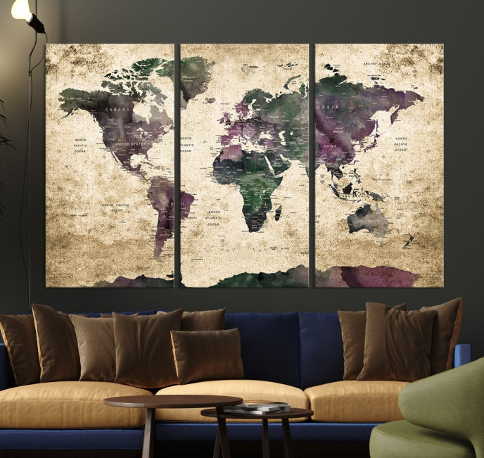 Large Grunge Map of the World Travel Map Wall Art Canvas Print