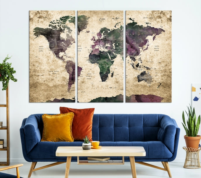 Large Grunge Map of the World Travel Map Wall Art Canvas Print