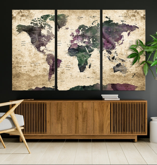 Large Grunge Map of the World Travel Map Wall Art Canvas Print