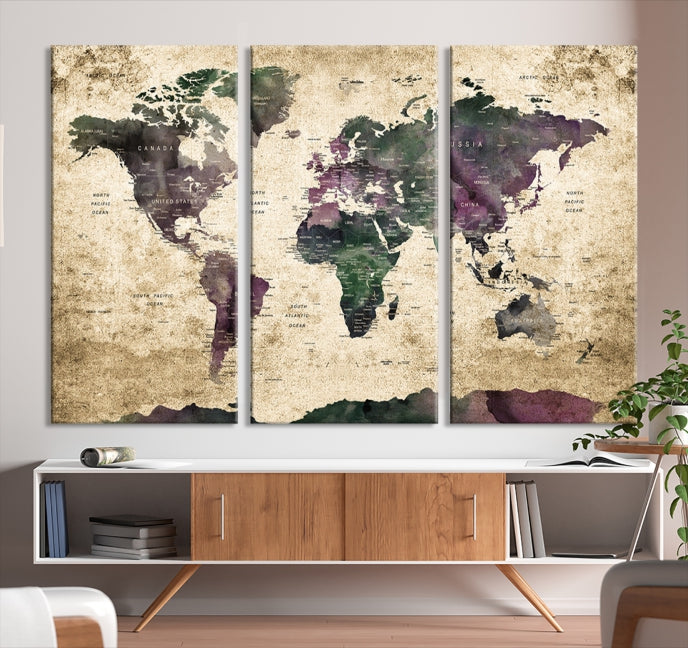 Large Grunge Map of the World Travel Map Wall Art Canvas Print