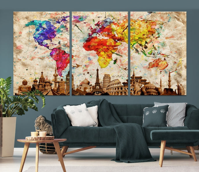 Large Map of the World with Landmarks Print Framed Canvas Wall Art