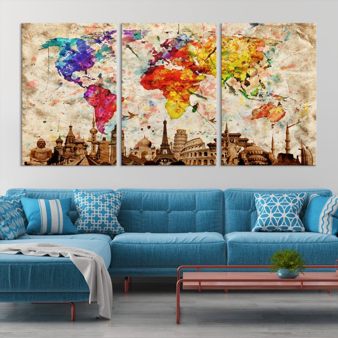 Large Map of the World with Landmarks Print Framed Canvas Wall Art