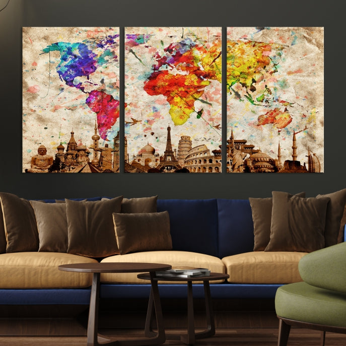 Large Map of the World with Landmarks Print Framed Canvas Wall Art