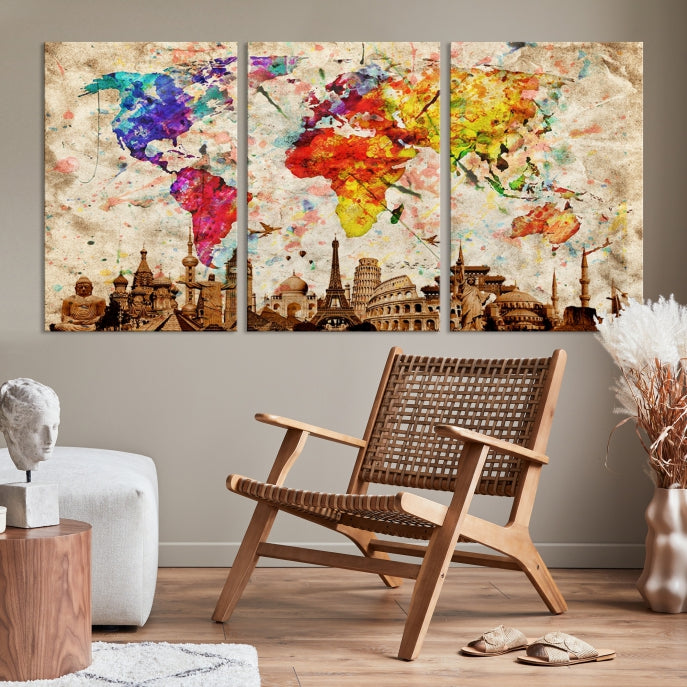 Large Map of the World with Landmarks Print Framed Canvas Wall Art