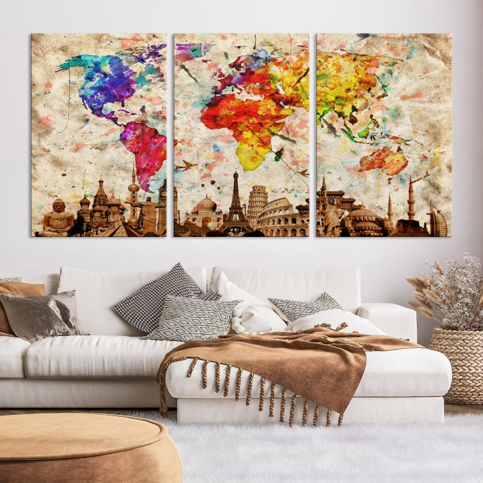 Large Map of the World with Landmarks Print Framed Canvas Wall Art