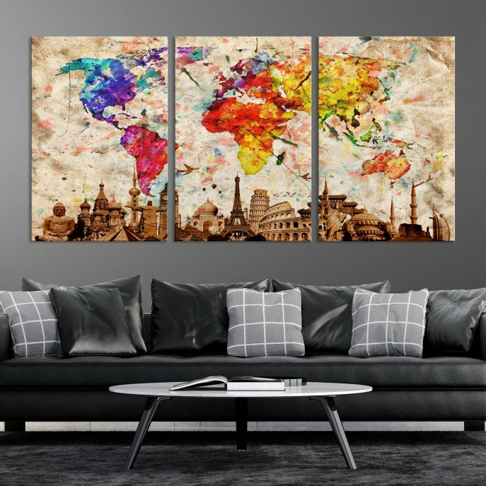 Large Map of the World with Landmarks Print Framed Canvas Wall Art