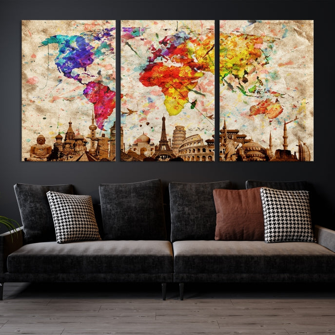 Large Map of the World with Landmarks Print Framed Canvas Wall Art