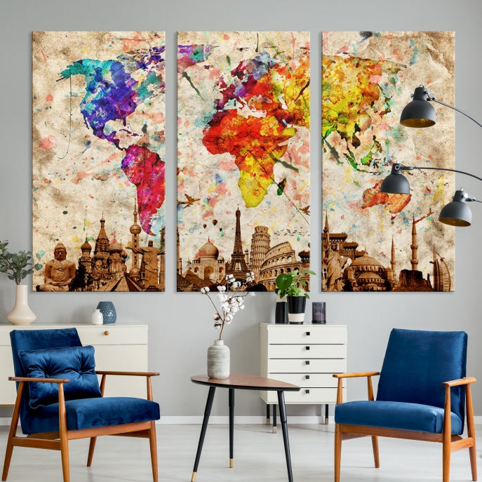 Large Map of the World with Landmarks Print Framed Canvas Wall Art