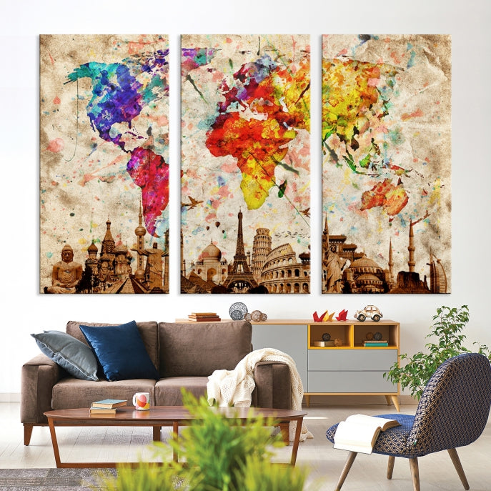 Large Map of the World with Landmarks Print Framed Canvas Wall Art