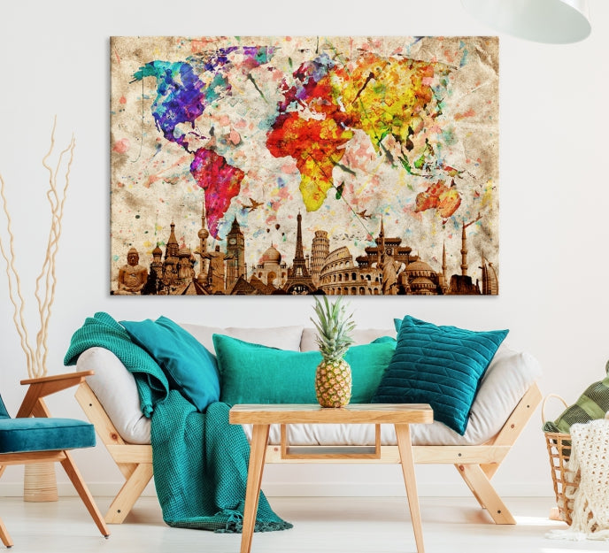 Large Map of the World with Landmarks Print Framed Canvas Wall Art