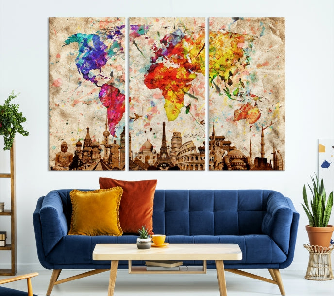 Large Map of the World with Landmarks Print Framed Canvas Wall Art