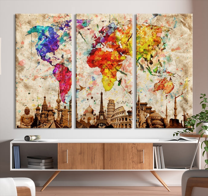 Large Map of the World with Landmarks Print Framed Canvas Wall Art