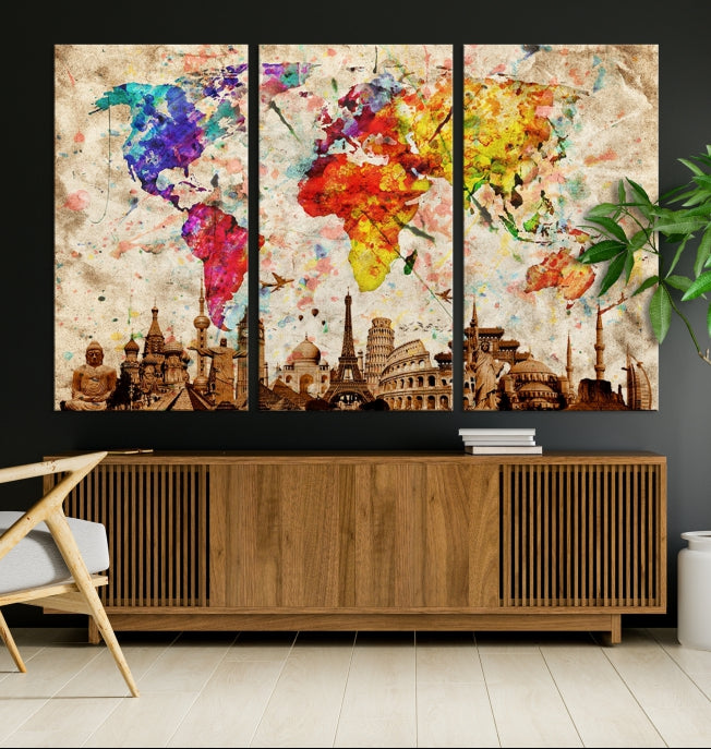 Large Map of the World with Landmarks Print Framed Canvas Wall Art