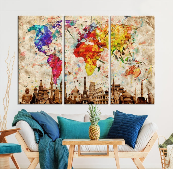 Large Map of the World with Landmarks Print Framed Canvas Wall Art