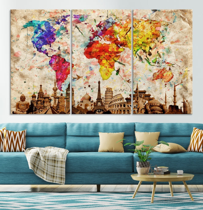 Large Map of the World with Landmarks Print Framed Canvas Wall Art