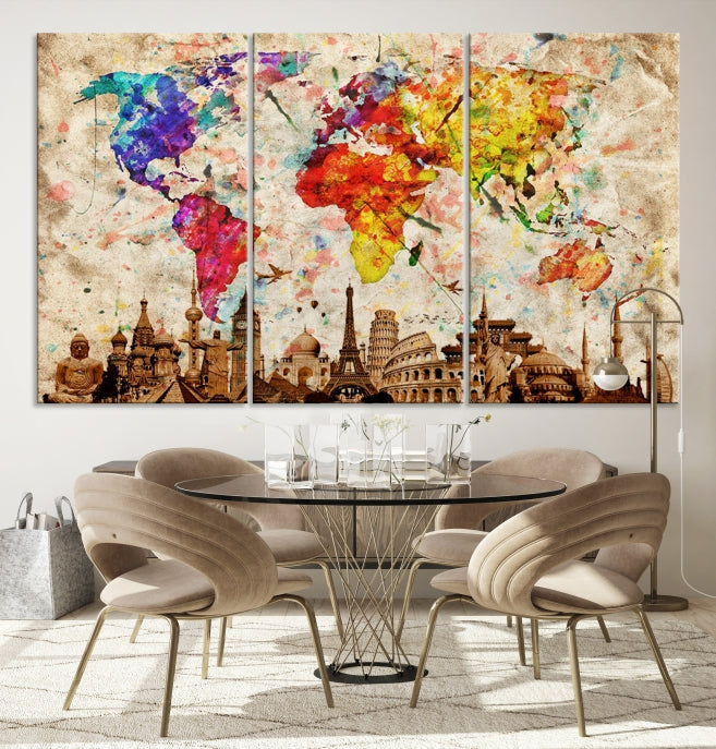 Large Map of the World with Landmarks Print Framed Canvas Wall Art